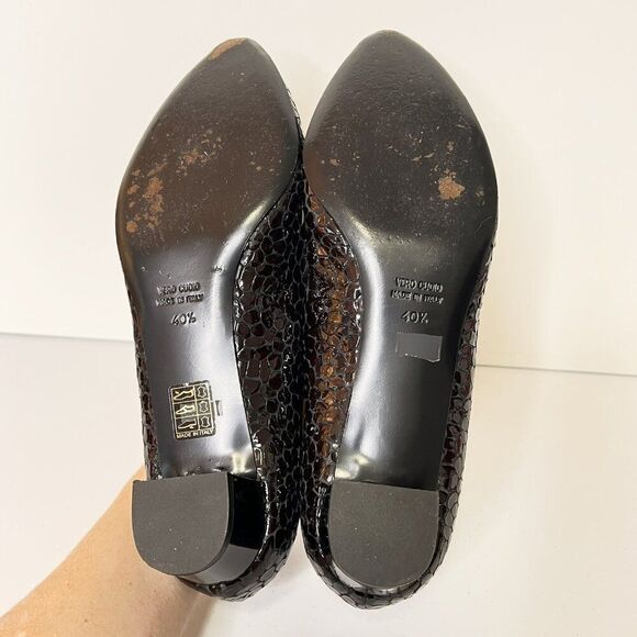 Diana Broussard Dark Brown Patent Croc Embossed Leather Low Block Heel Pumps - Picture 6 of 9